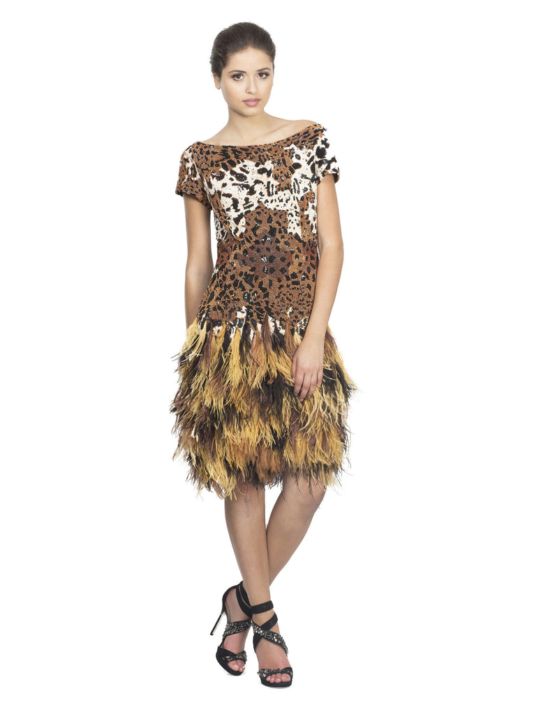 Leopard Sequin Embroidered Feather Dress