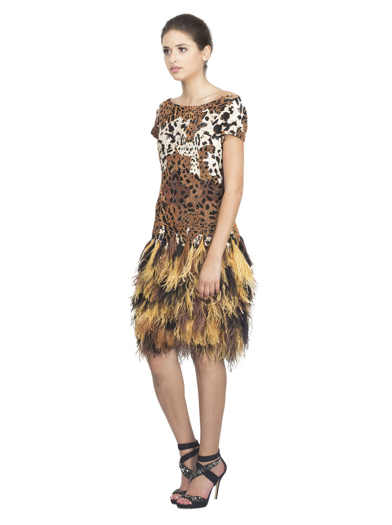 Leopard Sequin Embroidered Feather Dress