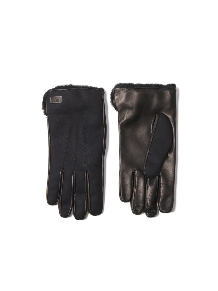 Fur Lined Cotton and Leather Gloves - Black