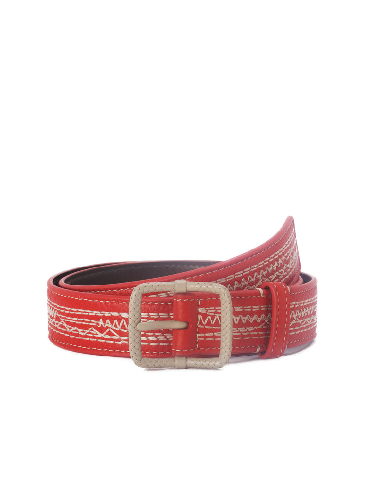 Stitch Detail Leather Belt - Orange