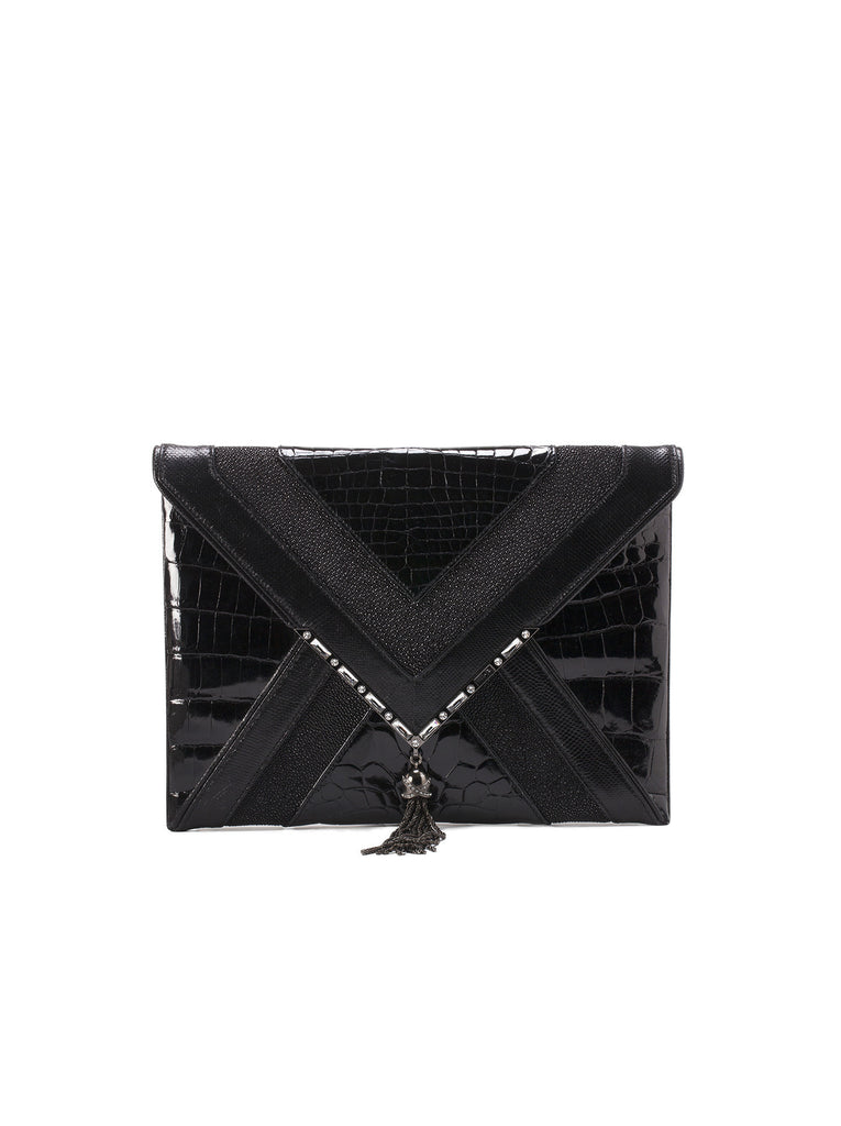 Elisa Mixed-Exotic Clutch Bag - Black