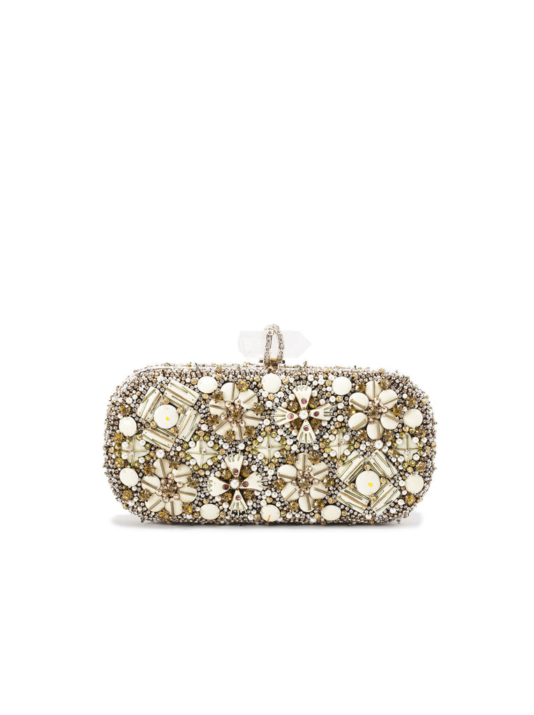 Lily Enamel and Crystal Embroidered Clutch Bag - Ivory Multi