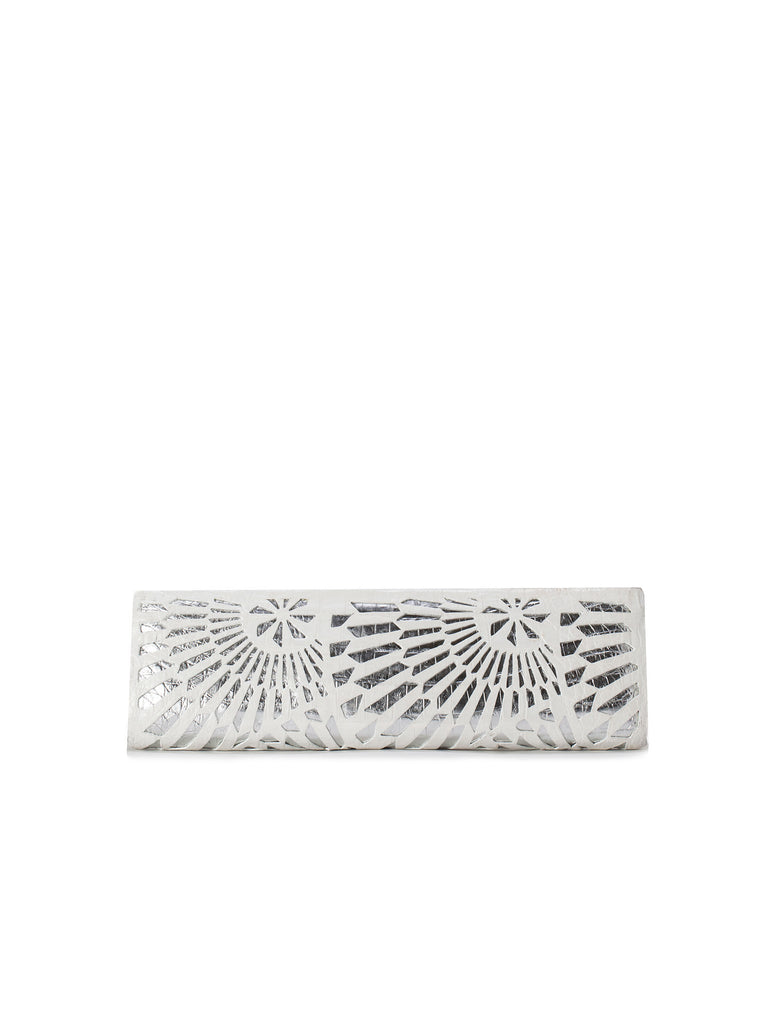 Metallic Two-Tone Lase-Cut Razor Clutch - White / Silver