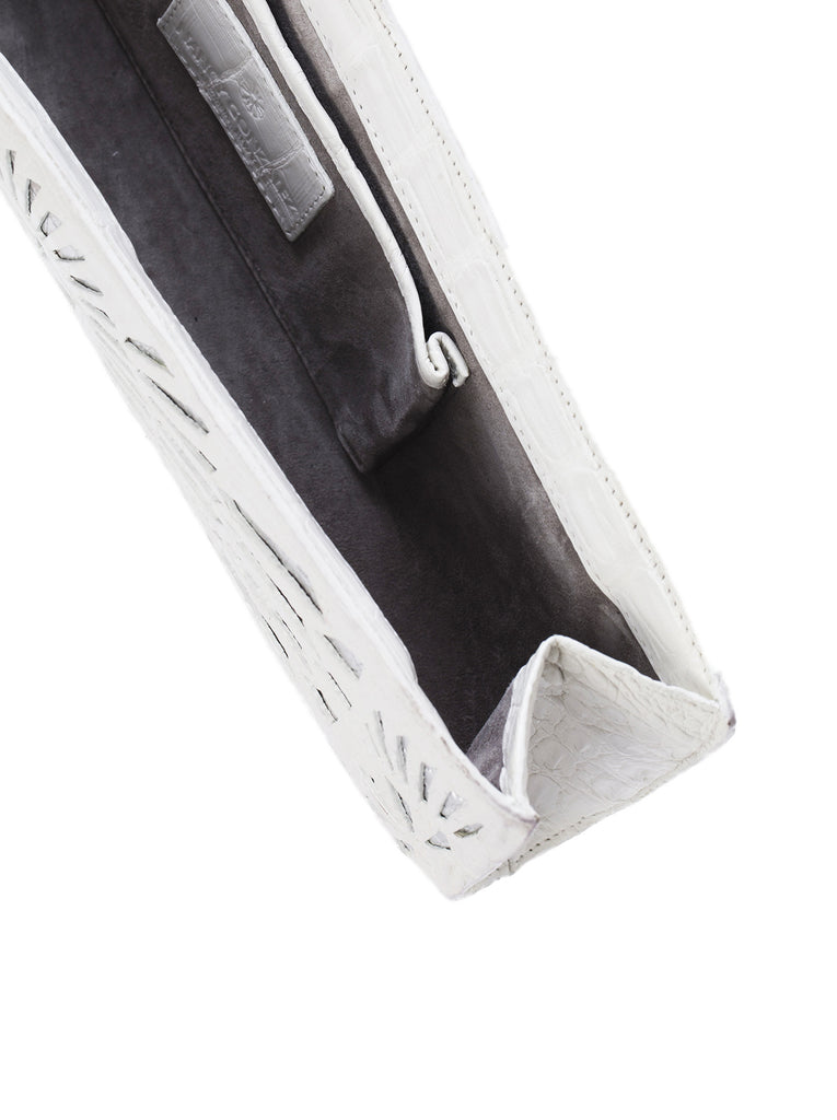 Metallic Two-Tone Lase-Cut Razor Clutch - White / Silver