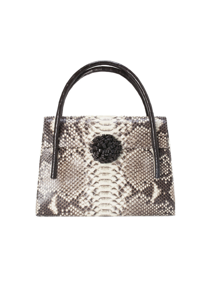 Structured Crocodile and Python Top Handle Bag with Floral Embellishment