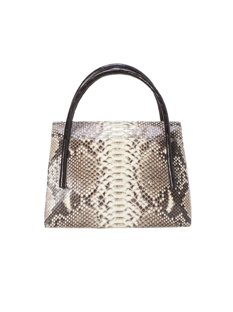 Structured Crocodile and Python Top Handle Bag with Floral Embellishment