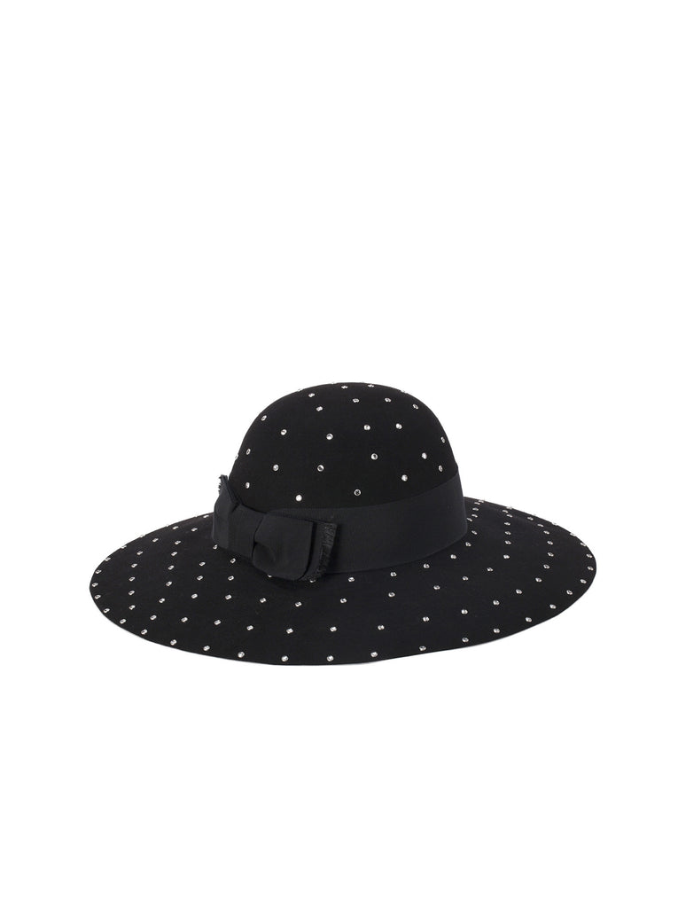 Crystal Studded Wide Brim Hat - Black