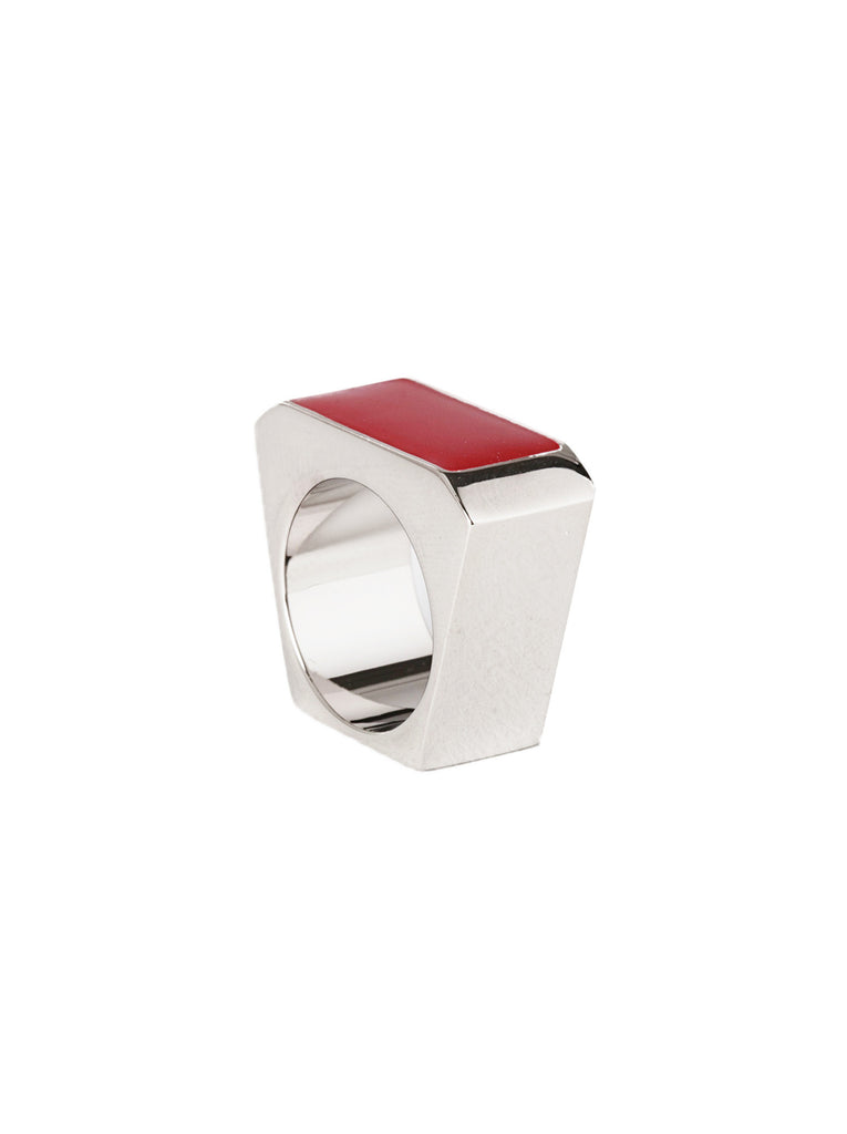 Silver-Tone Brass Colorblock Ring - Red