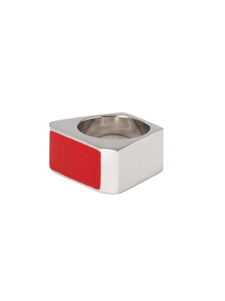 Silver-Tone Brass Colorblock Ring - Red